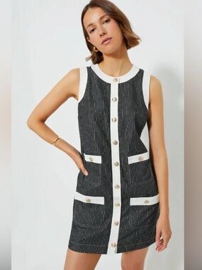 NWT Tuckernuck Sleeveless Black Pinstripe Button-Front Dress with White Trim